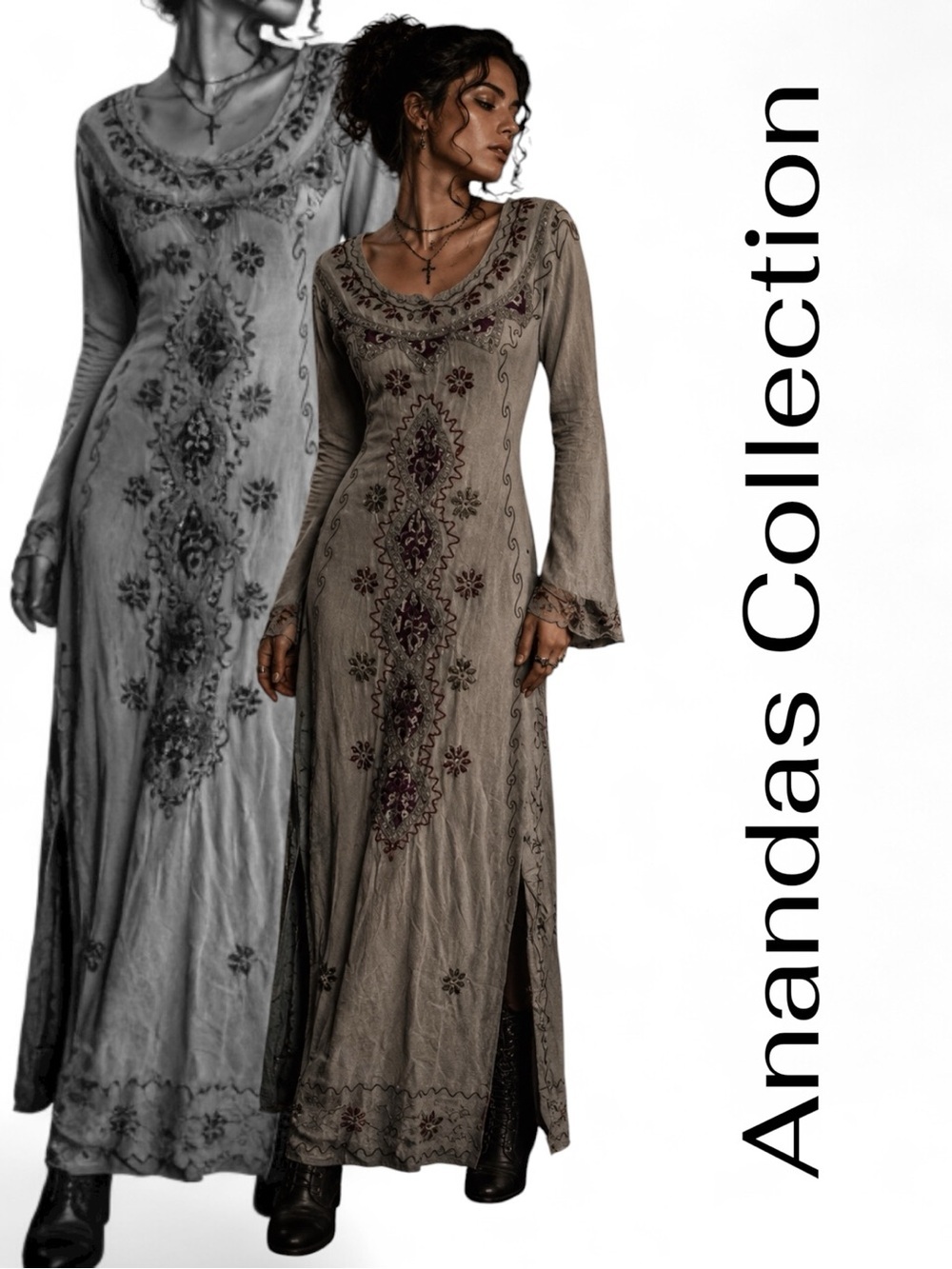 90s Vintage Grey Embroidered Boho Midi Dress Rayon India Cottagecore Festival